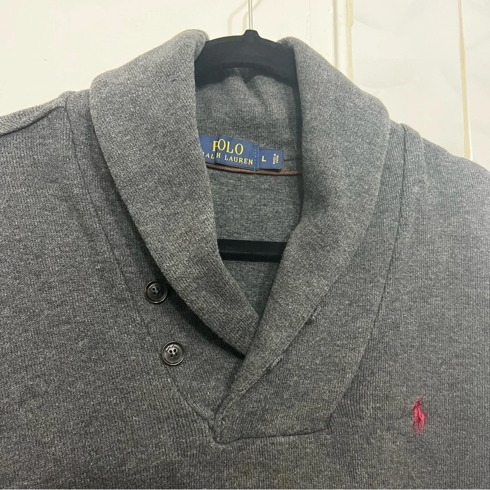 Polo Ralph Lauren L Gray Cotton Shawl Collar Pullover Sweater Preppy Old Money